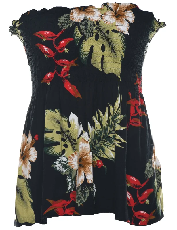 Year-End Sale Smocked Strapless Hawaiian Print Top - S