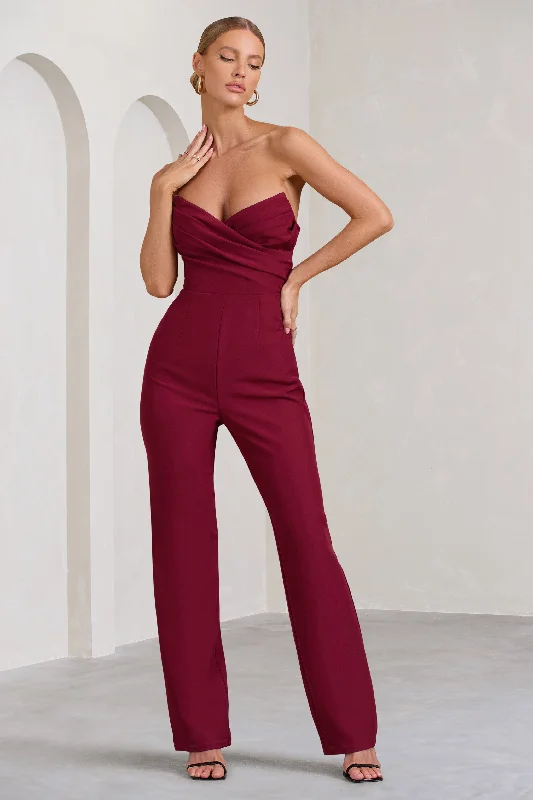 Year-End Sale Bellezza | Burgundy Bandeau Corset Wide Leg Jumpsuit