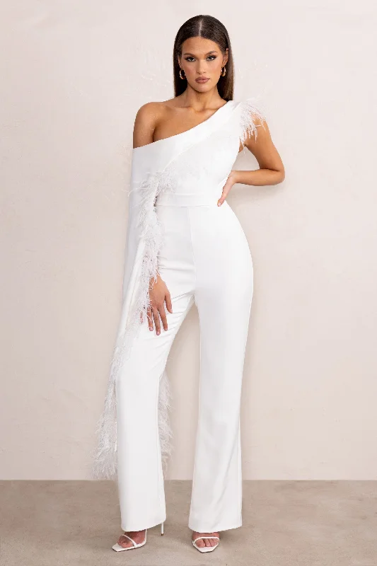 Discount Days Cindy | White One-Shoulder Cape Jumpsuit with Feather Trim