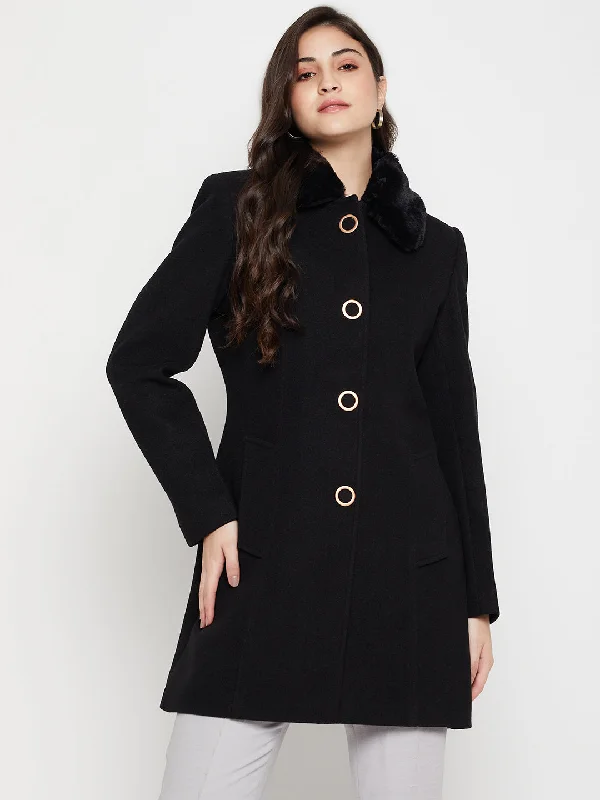 Can't Miss Women's Casual  Black Single breasted  Faux Fur Spread Collar Long Coat