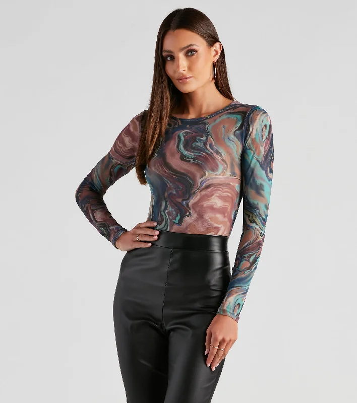 Steals and Deals Artistic Swirls Mesh Crew Bodysuit