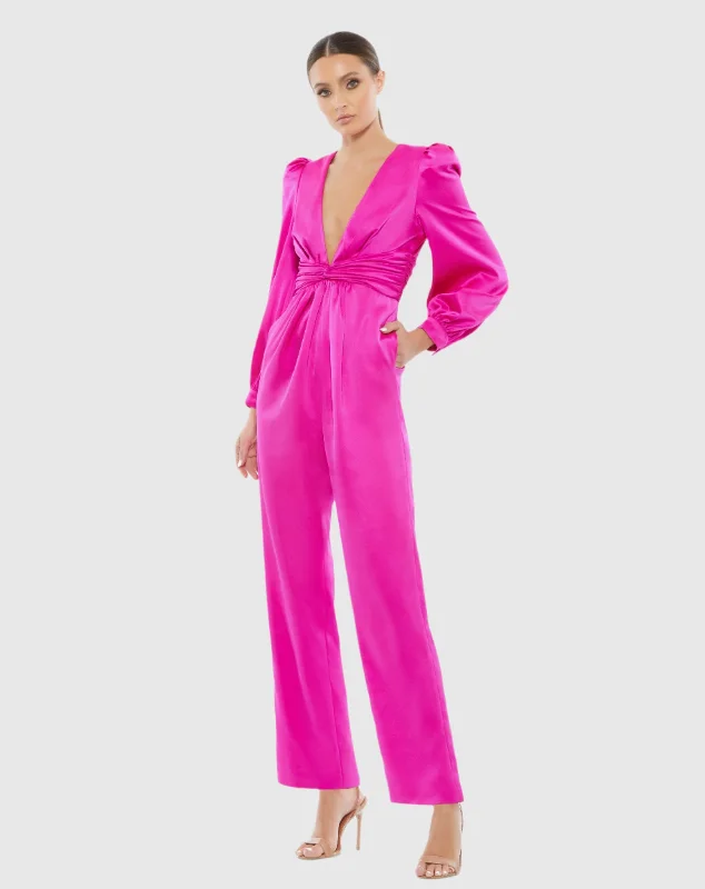 Can't Be Beat Pink Front Twist Puff Sleeve Deep V Jumpsuit