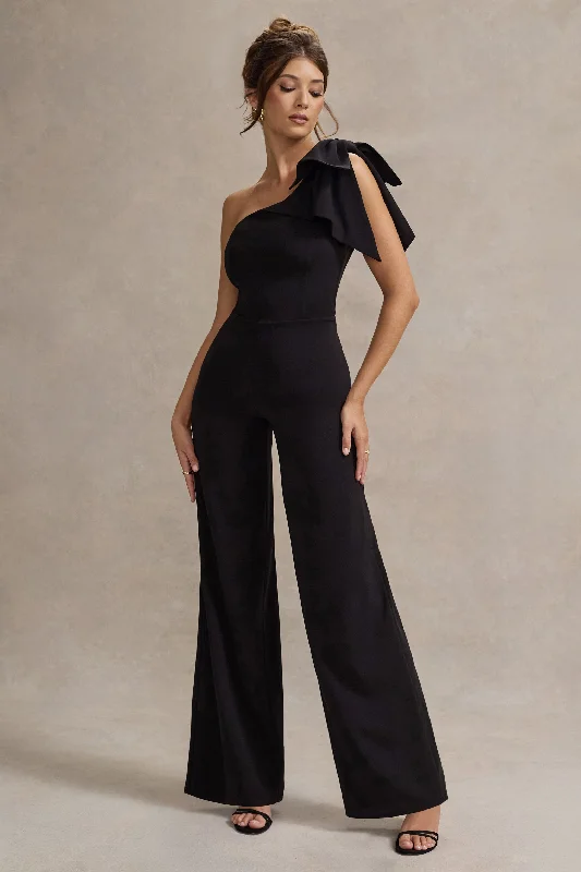 Can't Miss Orilla | Black One-Shoulder Wide-Leg Jumpsuit With Bow