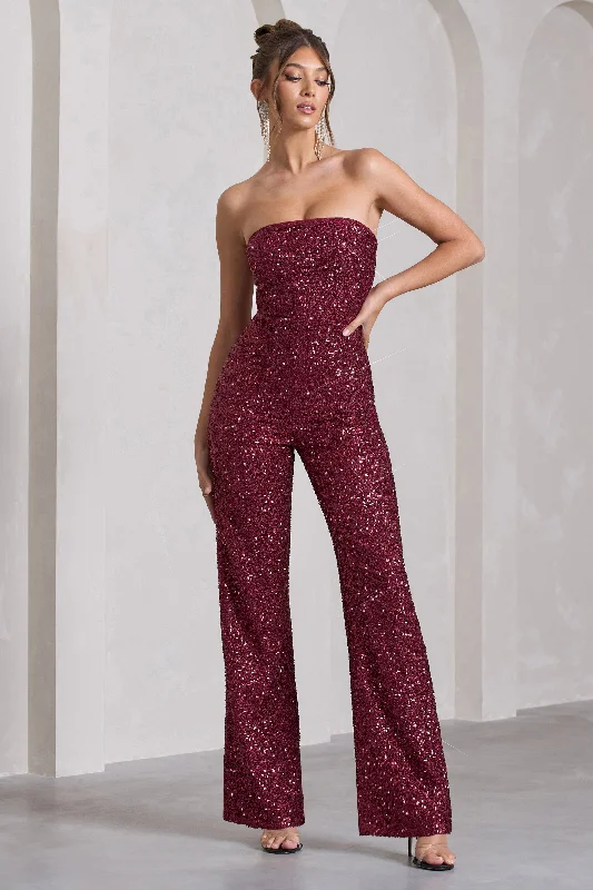 Exclusive Deal Ray | Berry Sequin Bandeau Wide-Leg Jumpsuit
