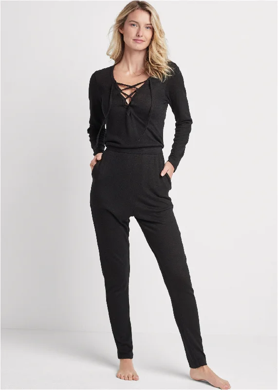 Super Bargain Cozy Hacci Lace-Up Jumpsuit - Black